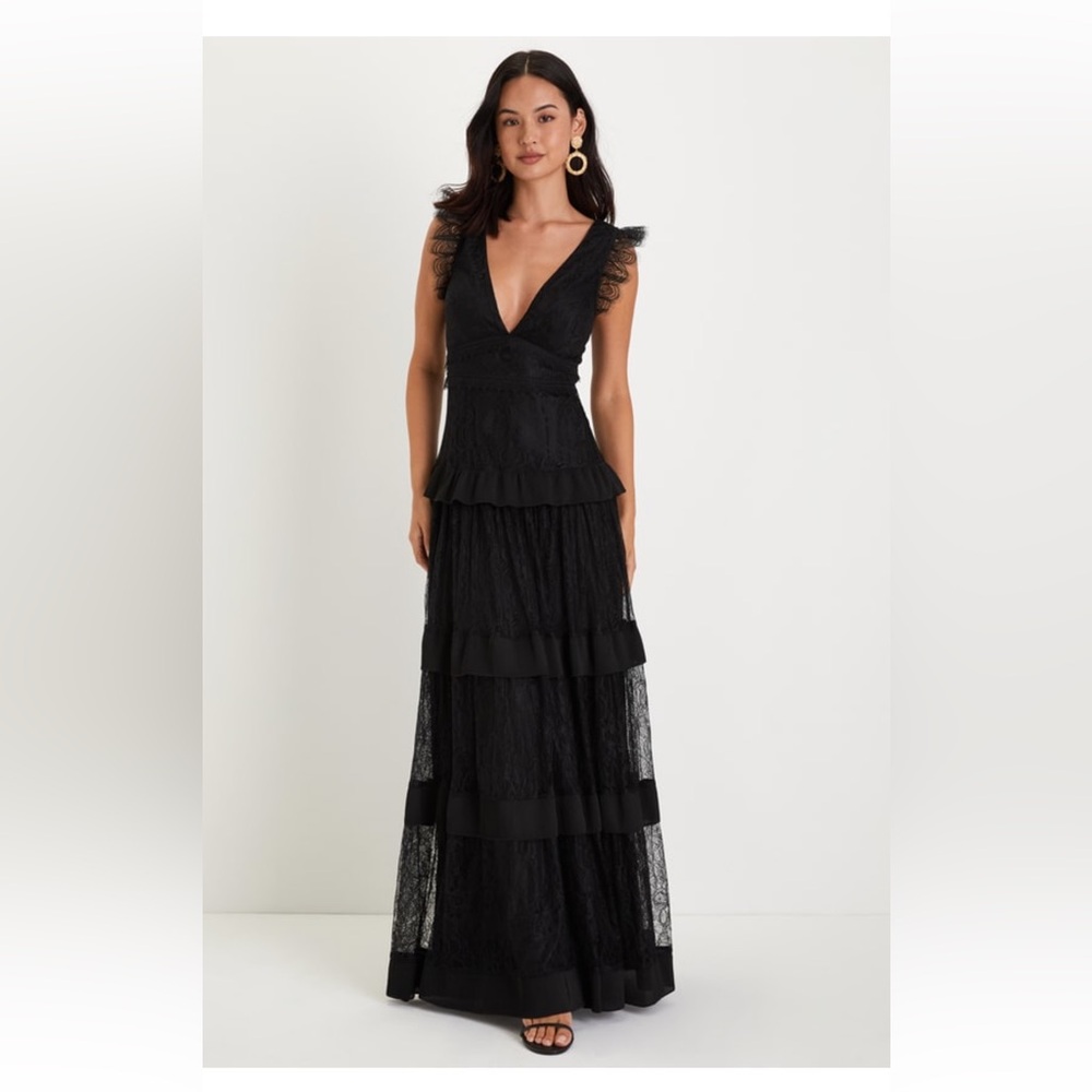 Lulus Marvelous Darling Black Lace Ruffled
Tiered Maxi Dress